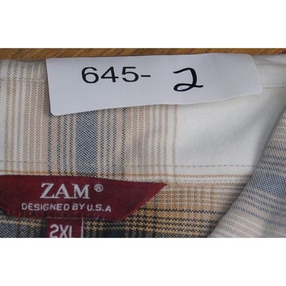 ZAM Shirt Mens 2XL Brown Beige Plaid Button‎ Up Short Sleeve Rayon Polyester - Picture 12 of 12